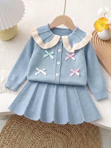 SHEIN Babygirl Bow Collar Long Sleeve Cardigan And Autumn Winter Skirt Set - Blue - View 2
