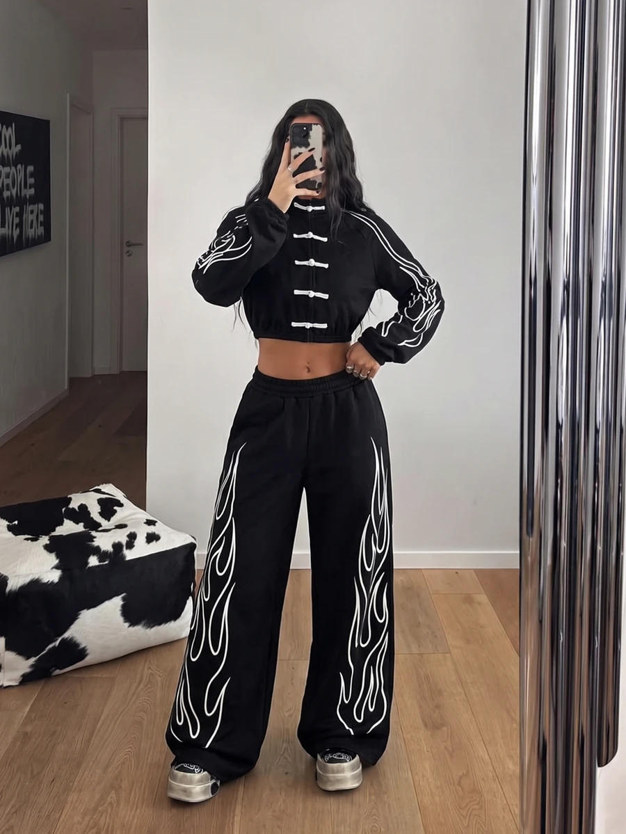 StreetHx Women's Y2k Streetwear Chinese Style Tang Suit Frog Button Contrast Color Embroidered Top Wide Leg Pants 2 Pieces Set Night Out Black And White Fall - Black and White - View 1