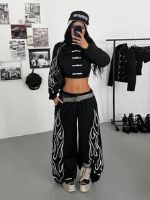 StreetHx 女款 Y2K 街頭風中式唐裝盤扣對比色刺繡上衣寬腿褲兩件套 夜店穿搭 黑白配色 秋季 - 黑與白 - 查看 1