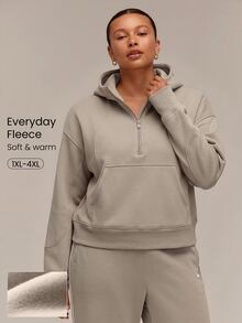 GLOWMODE Plus Size Everyday Fleece Keep It Cozy Oversized Half-Zip Hoodie With Thumbholes & Side Pockets Daily Casual Fall Winter Wear - Khaki - View 1