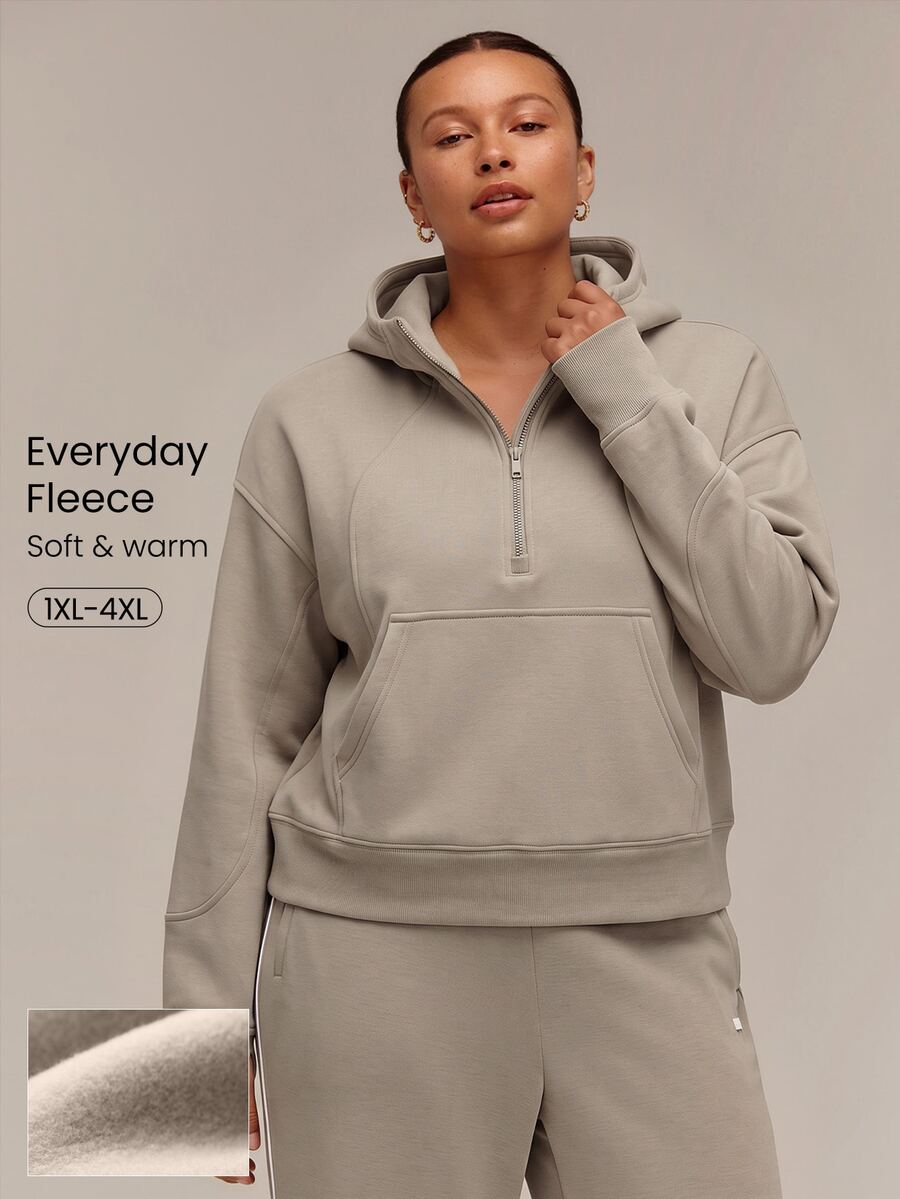 GLOWMODE Plus Size Everyday Fleece Keep It Cozy Oversized Half-Zip Hoodie With Thumbholes & Side Pockets Daily Casual Fall Winter Wear - Khaki - View 1