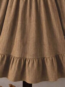 SHEIN 1pc Girls' Autumn New Fresh Style Loose Fit Long Sleeve Dress With Elastic Cuffs, Delicate Collar, Back Opening Design, Casual Versatile Back-To-School Outfit - Brown - View 6