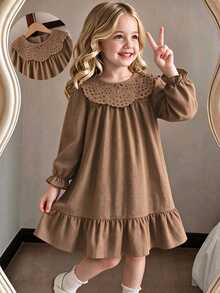 SHEIN 1pc Girls' Autumn New Fresh Style Loose Fit Long Sleeve Dress With Elastic Cuffs, Delicate Collar, Back Opening Design, Casual Versatile Back-To-School Outfit - Brown - View 3