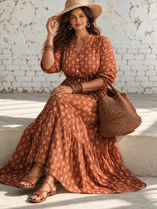 Linhara CURVE Plus Size Polka Dot Floral Line Pattern Stand Collar Long Sleeve Lantern Sleeve V-Neck Half-Button Front Multi-Layer Tiered Hem Babydoll Dress Casual Outing Date Party Vacation - Multicolor - View 5