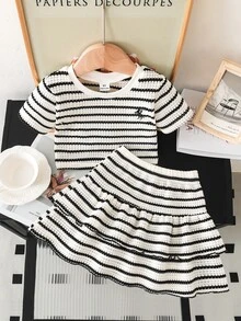 SHEIN Girls' Set Horse Embroidery Round Neck Short Sleeve Textured Striped Knit T-Shirt And Sweet Cake Skirt, Suitable For Daily Casual,Fresh,Back-To-School - Black and White - View 9