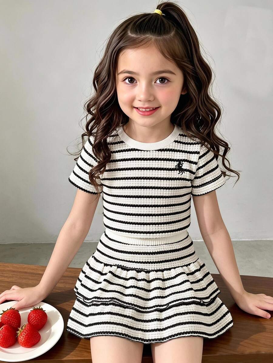 SHEIN Girls' Set Horse Embroidery Round Neck Short Sleeve Textured Striped Knit T-Shirt And Sweet Cake Skirt, Suitable For Daily Casual,Fresh,Back-To-School - Black and White - View 1