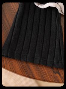 SHEIN Young Girls Ribbed Knit 2Pcs Outfit, Contrast Trim Round Neck Flared Sleeve Peplum Top & Flare Pants Set, Fall Winter Soft Casual Young Girl Clothes - Black - View 7