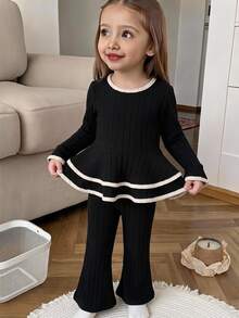 SHEIN Young Girls Ribbed Knit 2Pcs Outfit, Contrast Trim Round Neck Flared Sleeve Peplum Top & Flare Pants Set, Fall Winter Soft Casual Young Girl Clothes - Black - View 1