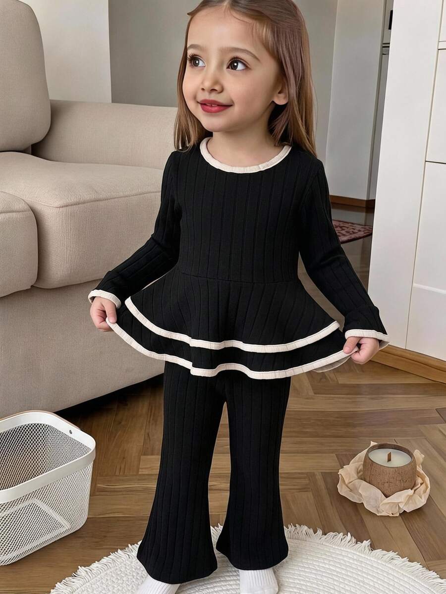 SHEIN Young Girls Ribbed Knit 2Pcs Outfit, Contrast Trim Round Neck Flared Sleeve Peplum Top & Flare Pants Set, Fall Winter Soft Casual Young Girl Clothes - Black - View 1