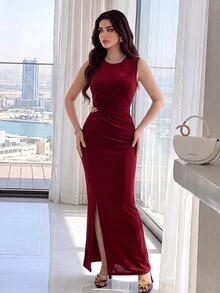 Feyla Padded Shoulder Ruched Cinched Waist Elegant Sexy Metal Chain Decor Party Dinner Night Dress New Year Burgundy Summer - Burgundy - View 2
