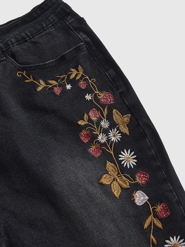 ROMWE Grunge Punk Plus Size Women's Floral Embroidered Pattern Casual Everyday Denim Jeans - Black - View 4