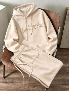 Aesthetic Post 3D Embossed Los Angeles Lettering Loose-Fit Beige Polyester Hoodie And Sweatpants Set For Streetwear - Apricot - View 4