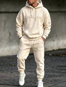 Aesthetic Post 3D Embossed Los Angeles Lettering Loose-Fit Beige Polyester Hoodie And Sweatpants Set For Streetwear - Apricot - View 2