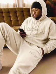 Aesthetic Post 3D Embossed Los Angeles Lettering Loose-Fit Beige Polyester Hoodie And Sweatpants Set For Streetwear - Apricot - View 1