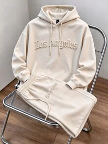 Aesthetic Post 3D Embossed Los Angeles Lettering Loose-Fit Beige Polyester Hoodie And Sweatpants Set For Streetwear - Apricot - View 5