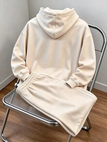 Aesthetic Post 3D Embossed Los Angeles Lettering Loose-Fit Beige Polyester Hoodie And Sweatpants Set For Streetwear - Apricot - View 3