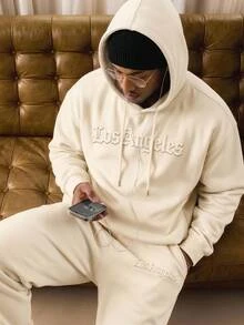 Aesthetic Post 3D Embossed Los Angeles Lettering Loose-Fit Beige Polyester Hoodie And Sweatpants Set For Streetwear - Apricot - View 6