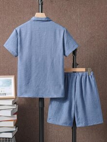 SHEIN Teen Boy Solid Color Single-Breasted Short Sleeve Shirt And Shorts Casual Streetwear Cute Baggy Daily 2 Pieces Set Rave Sixth Form Blue Summer Party - Blue - View 3