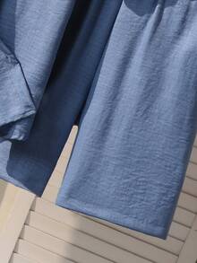 SHEIN Teen Boy Solid Color Single-Breasted Short Sleeve Shirt And Shorts Casual Streetwear Cute Baggy Daily 2 Pieces Set Rave Sixth Form Blue Summer Party - Blue - View 7