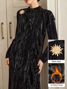 Graceveil Black Velvet Stand Collar Metal Button Decor Long Sleeve Dress For Women, Side Ruffle Decor Chest Flower Elegant Banquet Long Dress - Black - View 1