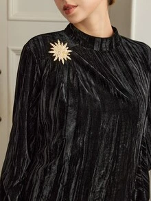 Graceveil Black Velvet Stand Collar Metal Button Decor Long Sleeve Dress For Women, Side Ruffle Decor Chest Flower Elegant Banquet Long Dress - Black - View 8