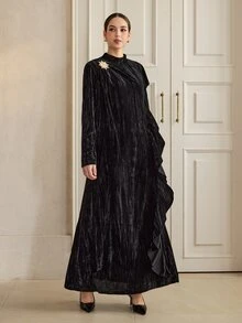 Graceveil Black Velvet Stand Collar Metal Button Decor Long Sleeve Dress For Women, Side Ruffle Decor Chest Flower Elegant Banquet Long Dress - Black - View 5