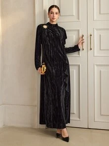 Graceveil Black Velvet Stand Collar Metal Button Decor Long Sleeve Dress For Women, Side Ruffle Decor Chest Flower Elegant Banquet Long Dress - Black - View 6