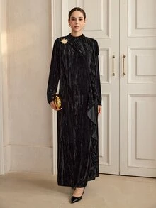Graceveil Black Velvet Stand Collar Metal Button Decor Long Sleeve Dress For Women, Side Ruffle Decor Chest Flower Elegant Banquet Long Dress - Black - View 7