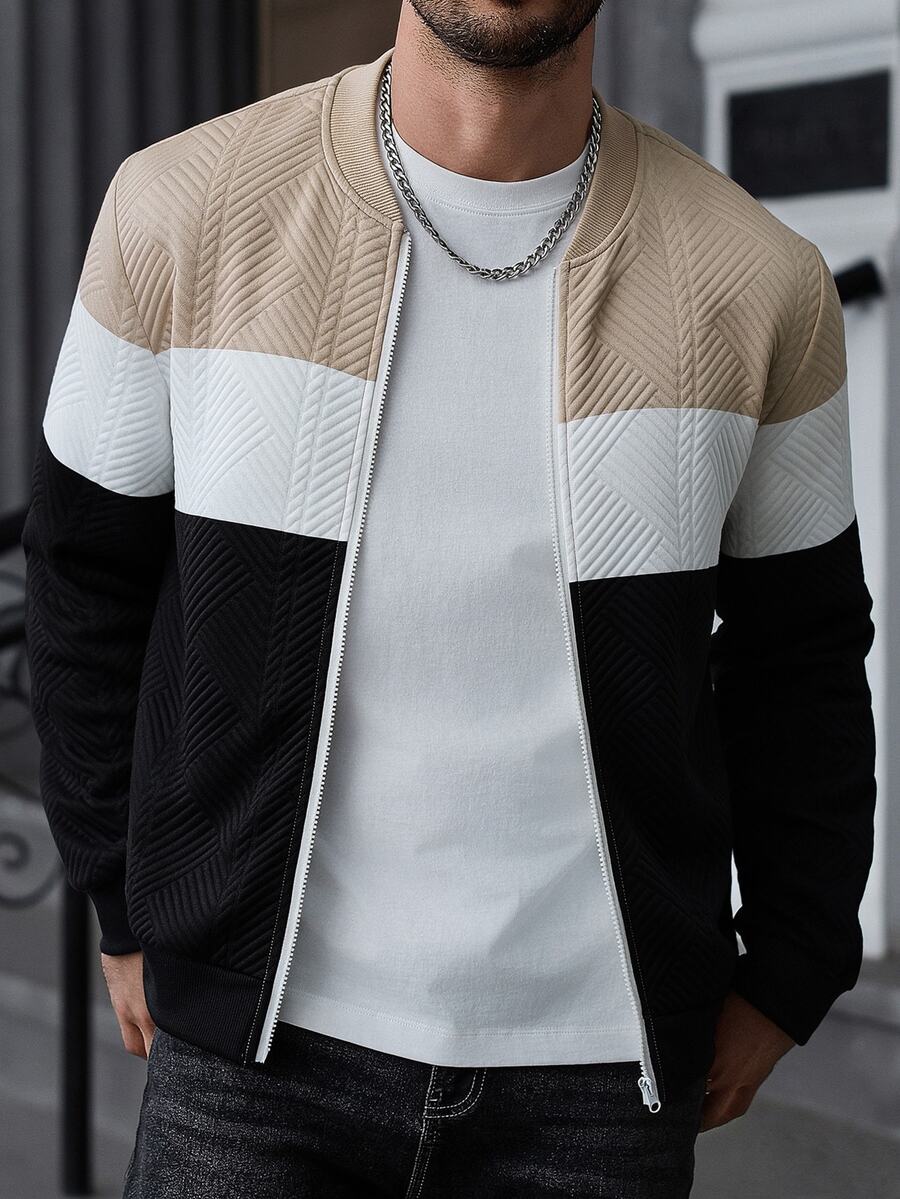 Manfinity CasualCool Men's Autumn/Winter Apricot, White, Black Colorblock Diamond Textured Fabric Zipper Design Street Casual Cardigan - Multicolor - View 1