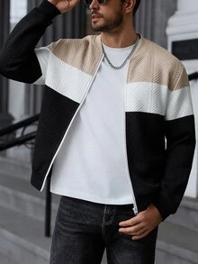 Manfinity CasualCool Men's Autumn/Winter Apricot, White, Black Colorblock Diamond Textured Fabric Zipper Design Street Casual Cardigan - Multicolor - View 3