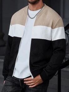 Manfinity CasualCool Men's Autumn/Winter Apricot, White, Black Colorblock Diamond Textured Fabric Zipper Design Street Casual Cardigan - Multicolor - View 6