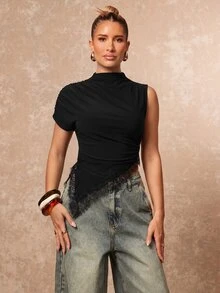 Lumalex Winter Fall Exquisite Lace Trim Patchwork High Neck One Shoulder Cinched Waist Asymmetrical Ruched Going Out Vacation Outfits Cruise Outfit For Women - Black - View 8
