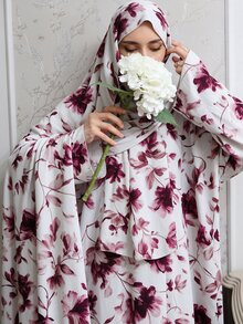 Al Najma 女款花卉印花休閒優雅菲律賓風日常祈禱袍 Ninang 婚禮居家服 白色 秋季 - 酒紅色 - 查看 1
