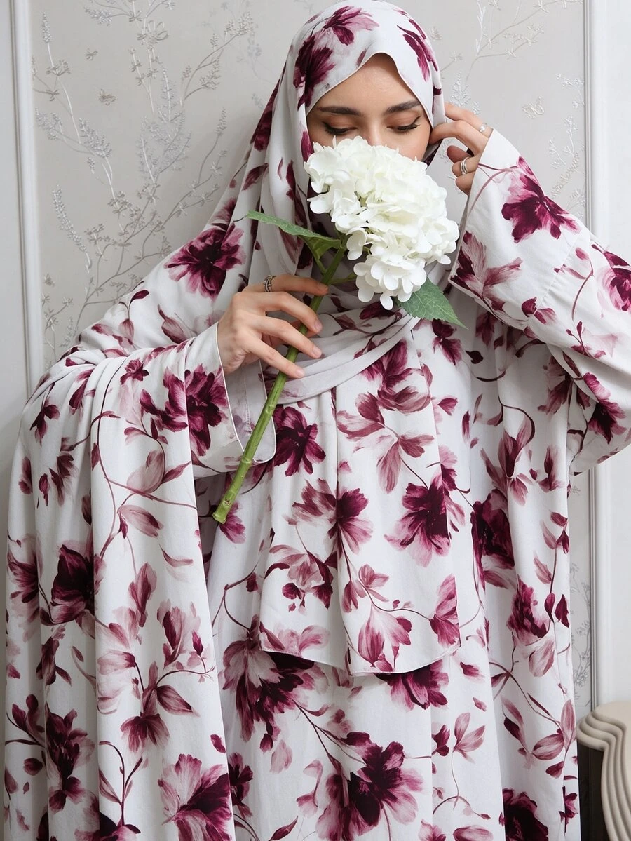 Al Najma 女款花卉印花休閒優雅菲律賓風日常祈禱袍 Ninang 婚禮居家服 白色 秋季 - 酒紅色 - 查看 1