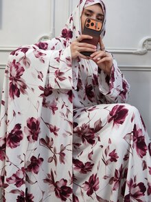 Al Najma 女款花卉印花休閒優雅菲律賓風日常祈禱袍 Ninang 婚禮居家服 白色 秋季 - 酒紅色 - 查看 2