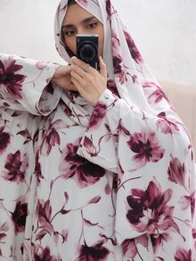 Al Najma 女款花卉印花休閒優雅菲律賓風日常祈禱袍 Ninang 婚禮居家服 白色 秋季 - 酒紅色 - 查看 6