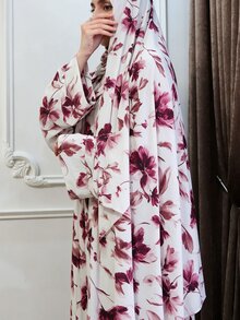Al Najma 女款花卉印花休閒優雅菲律賓風日常祈禱袍 Ninang 婚禮居家服 白色 秋季 - 酒紅色 - 查看 7