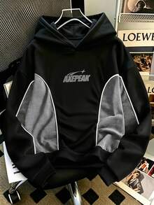 SHEIN Teen Boy Tech Graphic Contrast Piping Pullover Sweatshirt, Black Grey Colorblock Autumn Winter, Fall Sixth Form Party Beach Holiday Streetwear Baggy - Black - View 2