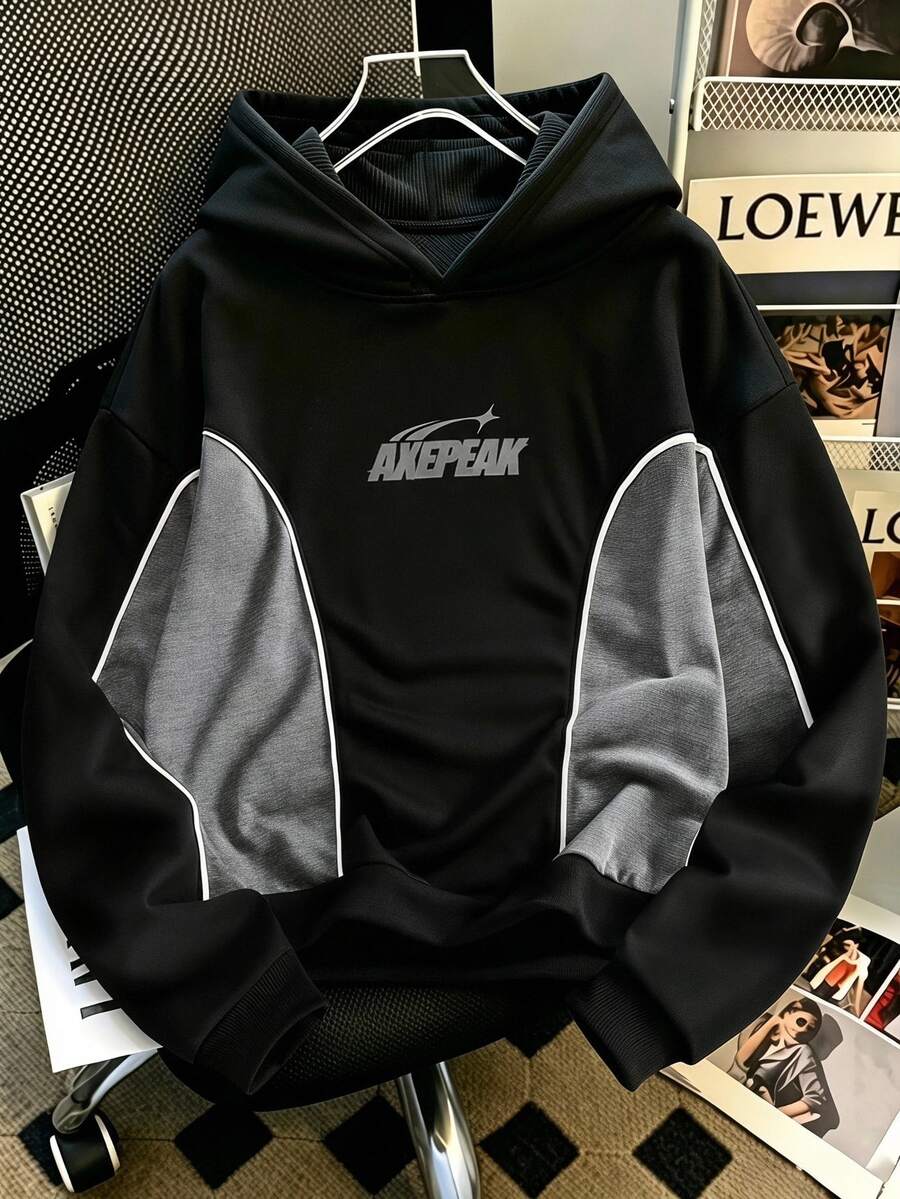 SHEIN Teen Boy Tech Graphic Contrast Piping Pullover Sweatshirt, Black Grey Colorblock Autumn Winter, Fall Sixth Form Party Beach Holiday Streetwear Baggy