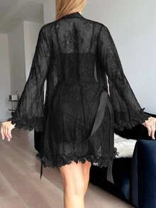 Seduluxe 2pcs Set: 3D Floral Lace Robe + Fishbone Waist Design Lace Camisole Nightgown Lingerie With Sleeves Lace Robe Set - Black - View 2