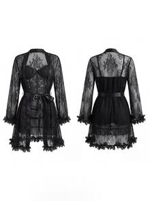 Seduluxe 2pcs Set: 3D Floral Lace Robe + Fishbone Waist Design Lace Camisole Nightgown Lingerie With Sleeves Lace Robe Set - Black - View 8
