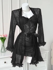 Seduluxe 2pcs Set: 3D Floral Lace Robe + Fishbone Waist Design Lace Camisole Nightgown Lingerie With Sleeves Lace Robe Set - Black - View 7