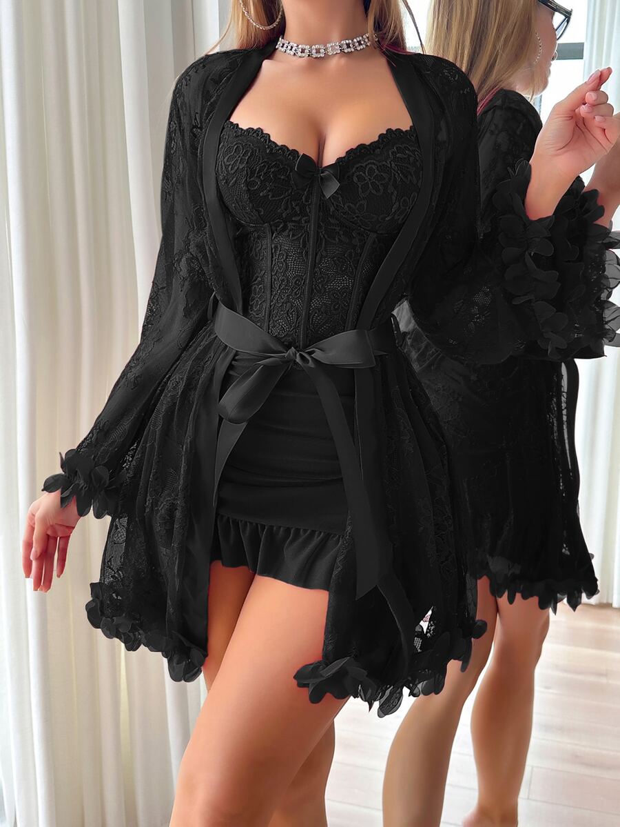 Seduluxe 2pcs Set: 3D Floral Lace Robe + Fishbone Waist Design Lace Camisole Nightgown Lingerie With Sleeves Lace Robe Set - Black - View 1