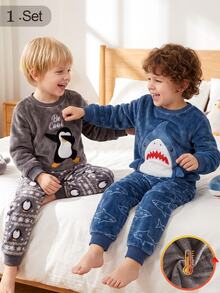 Young Boys Pajamas 2 Pieces Set, Autumn/Winter New Hot-Selling Plush Top With Cartoon Penguin Pattern And All-Over Penguin & Snowflake Print Pants, Warm Fleece Lined, Premium Ribbed Collar, Cuffs And Hem, Loungewear, 1 Set - Grey - View 6