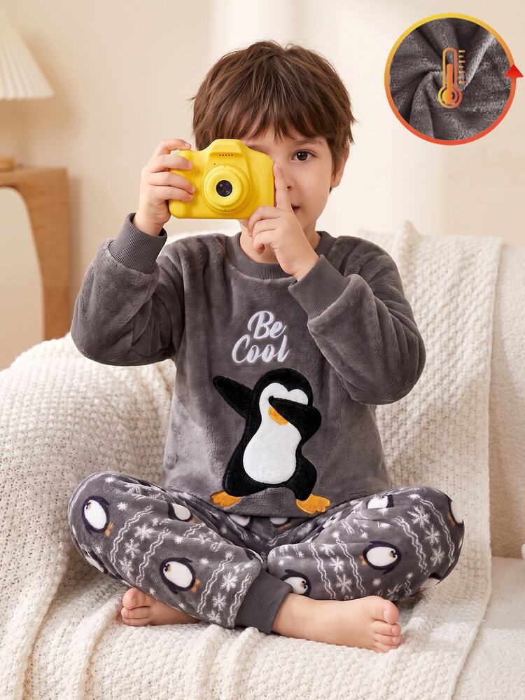 Young Boys Pajamas 2 Pieces Set, Autumn/Winter New Hot-Selling Plush Top With Cartoon Penguin Pattern And All-Over Penguin & Snowflake Print Pants, Warm Fleece Lined, Premium Ribbed Collar, Cuffs And Hem, Loungewear, 1 Set - Grey - View 3