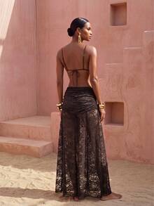 Zivah New Elegant Women's French Lace Fabric Pleated Design A-Line Deep Brown Lace Skirt Cover-Up, Suitable For Multiple Occasions, Beach Vacation, Versatile Commuting And Travel - Brown - View 2