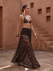 Zivah New Elegant Women's French Lace Fabric Pleated Design A-Line Deep Brown Lace Skirt Cover-Up, Suitable For Multiple Occasions, Beach Vacation, Versatile Commuting And Travel - Brown - View 6
