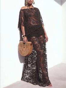Zivah New Elegant Women's French Lace Fabric Pleated Design A-Line Deep Brown Lace Skirt Cover-Up, Suitable For Multiple Occasions, Beach Vacation, Versatile Commuting And Travel - Brown - View 1