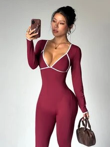 StreetHx Women's Colorblock Casual Daily Travel Sports Jumpsuit - Burgundy - View 3