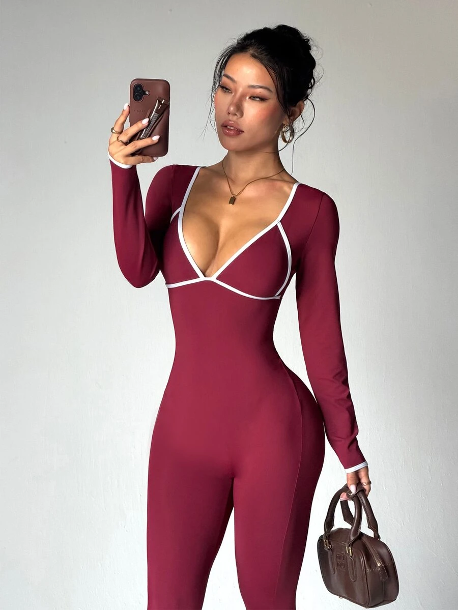 StreetHx Women's Colorblock Casual Daily Travel Sports Jumpsuit - Burgundy - View 1